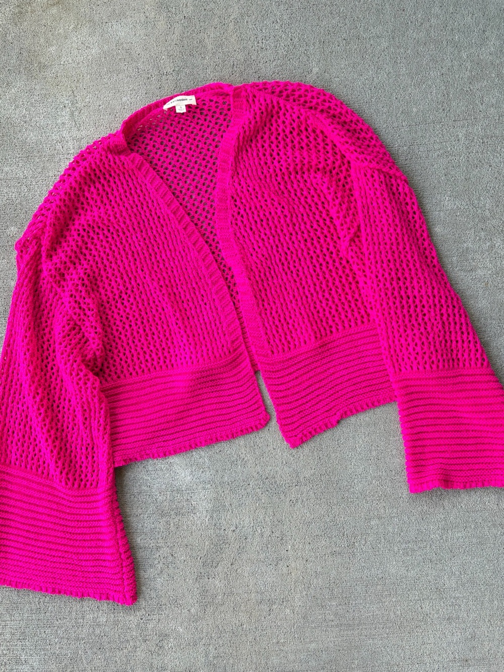 EEsome hot pink crochet bell sleeve boho knit long sleeve sweater cardigan top